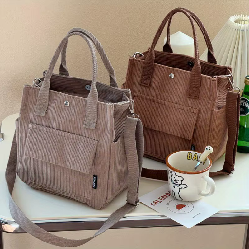 Sac fourre-tout en velours côtelé lavable à la main avec plusieurs poches, sac à bandoulière ou à bandoulière quotidien, cartable de couleur unie pour un usage quotidien