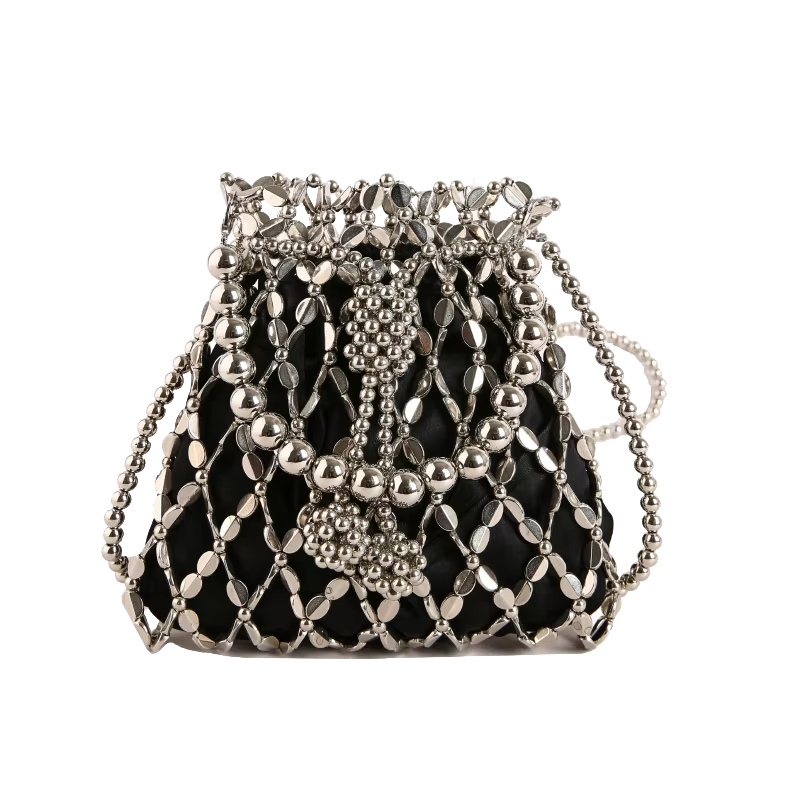 Sac seau perlé argenté scintillant pour femme