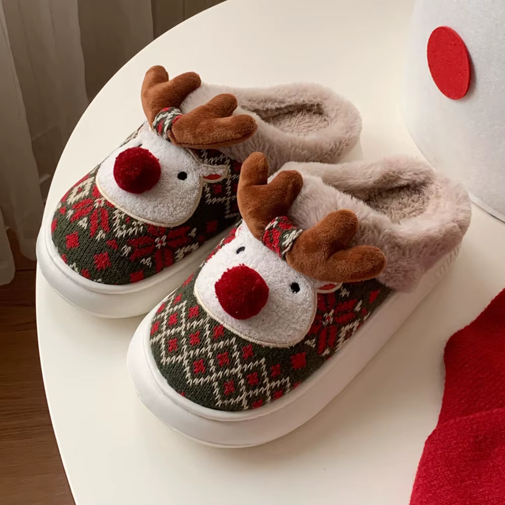 Pantoufles de noël en coton pour femmes, mignonnes cerf de dessin animé, antidérapantes, chaussures de sol d'intérieur pour filles, diapositives de fête à la mode, nouvelle collection 2025