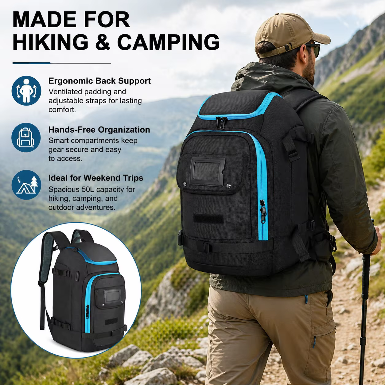 Sac à dos de randonnée 50L avec tissu Oxford résistant à l'eau