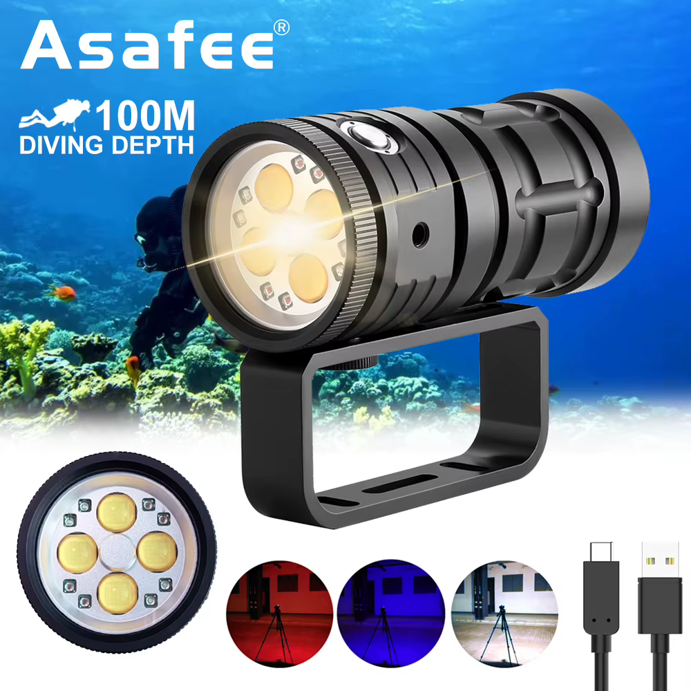 Asafee D16 100M lampe de poche sous-marine de plongée profonde 120 degrés lumière de remplissage lumineuse lampe étanche Rechargeable double interrupteur 3 Mode