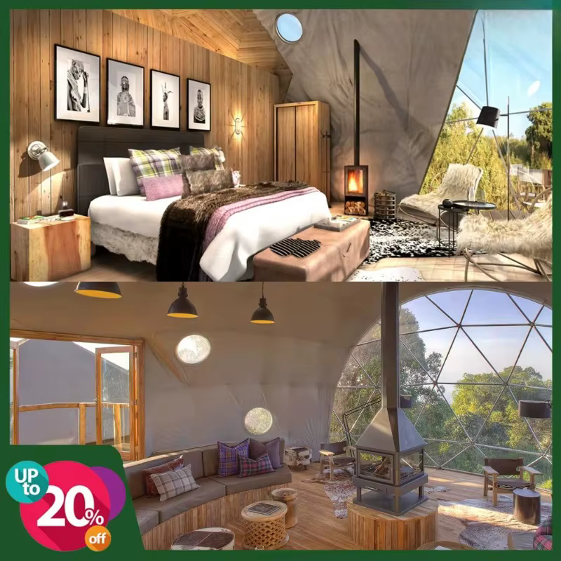 Dôme de glamping géodésique avec porte triangulaire en bois