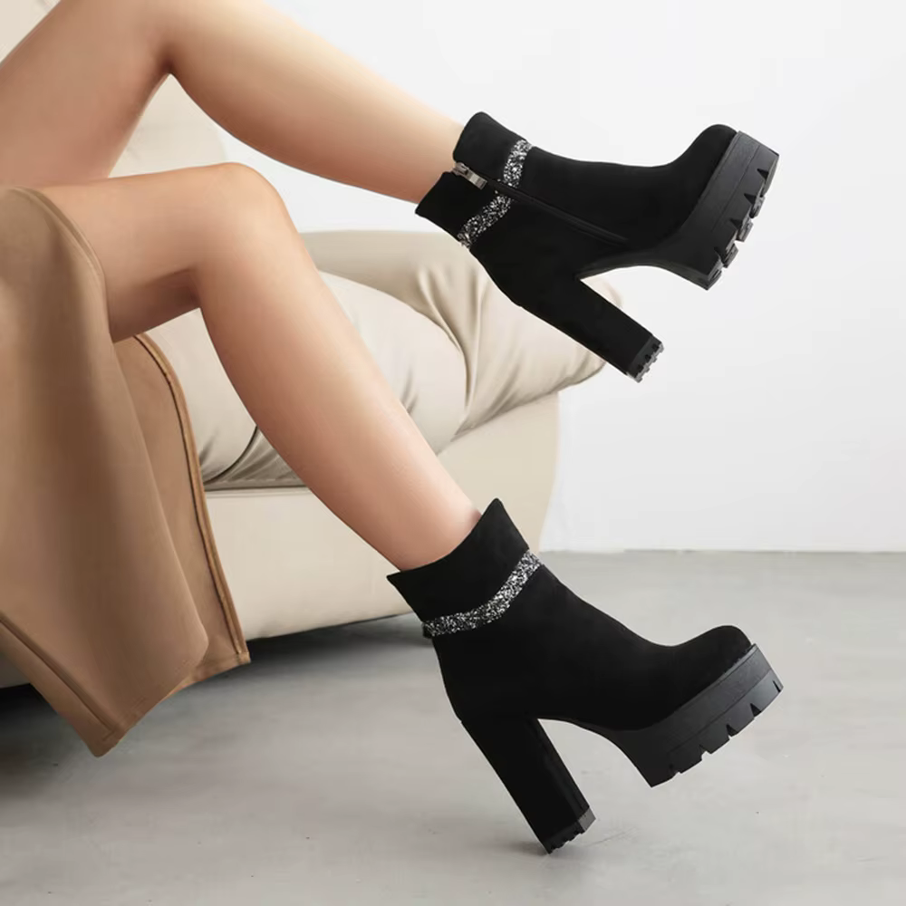 Bottes Rondes en Cuir pour Femme et Fille, Marque de Luxe, Talons Hauts Épais, Fermeture Éclair, Mode de Styliste, Alicante à Plateforme Décontractée, Grande Taille 45, 710