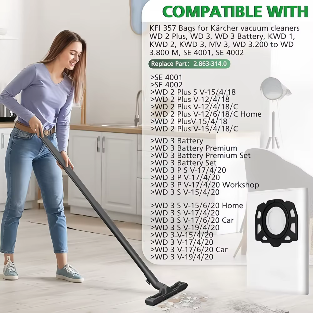 Accessoires de sacs d'aspirateur, compatibles avec Karcher WD2 Plus WD3 KWD1 KWD2 KWD3 MV3 WD3.200 à WD3.800 M SE4001 SE4002