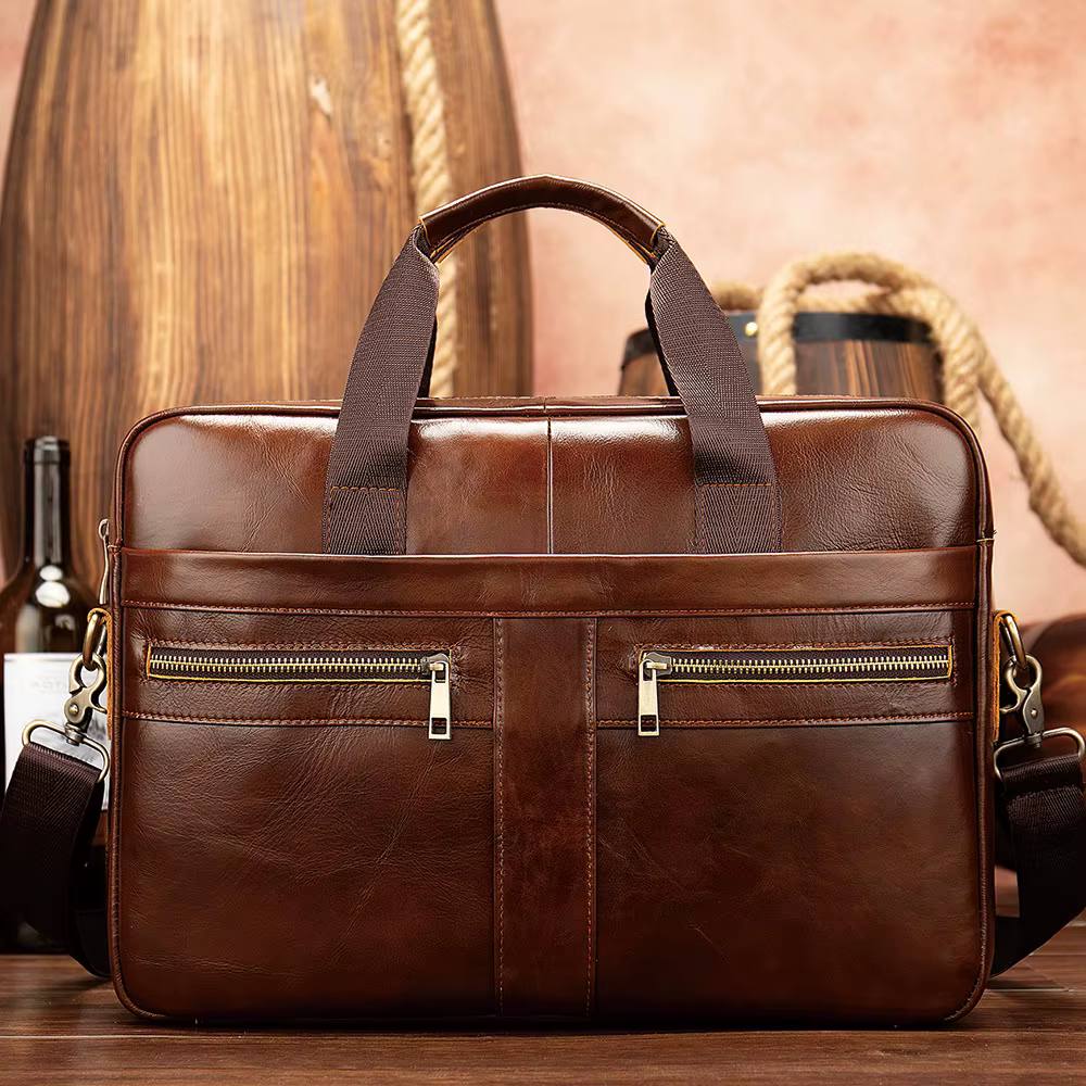 Porte-documents en cuir pleine fleur pour homme, sacoche d'ordinateur portable professionnelle avec bandoulière, sac à main grande capacité pour les trajets professionnels