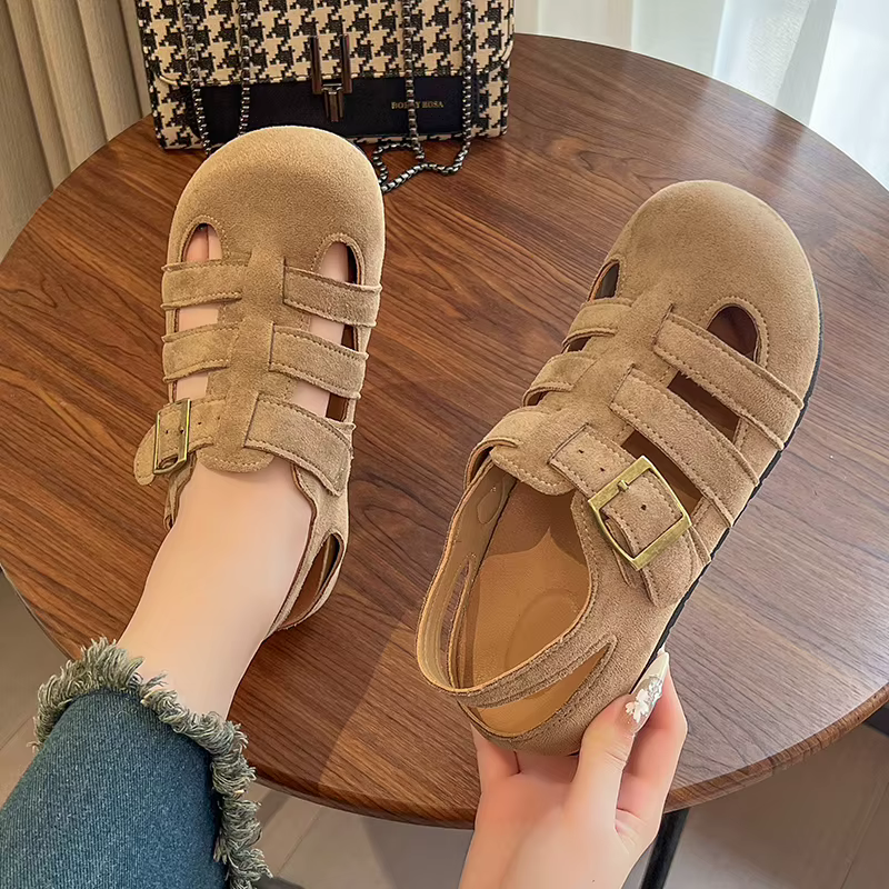 Sandales romaines creuses pour femmes, respirantes, confortables, bout fermé, Style féerique rétro polyvalent, pantoufles à semelles épaisses, chaussures d'été, 2025