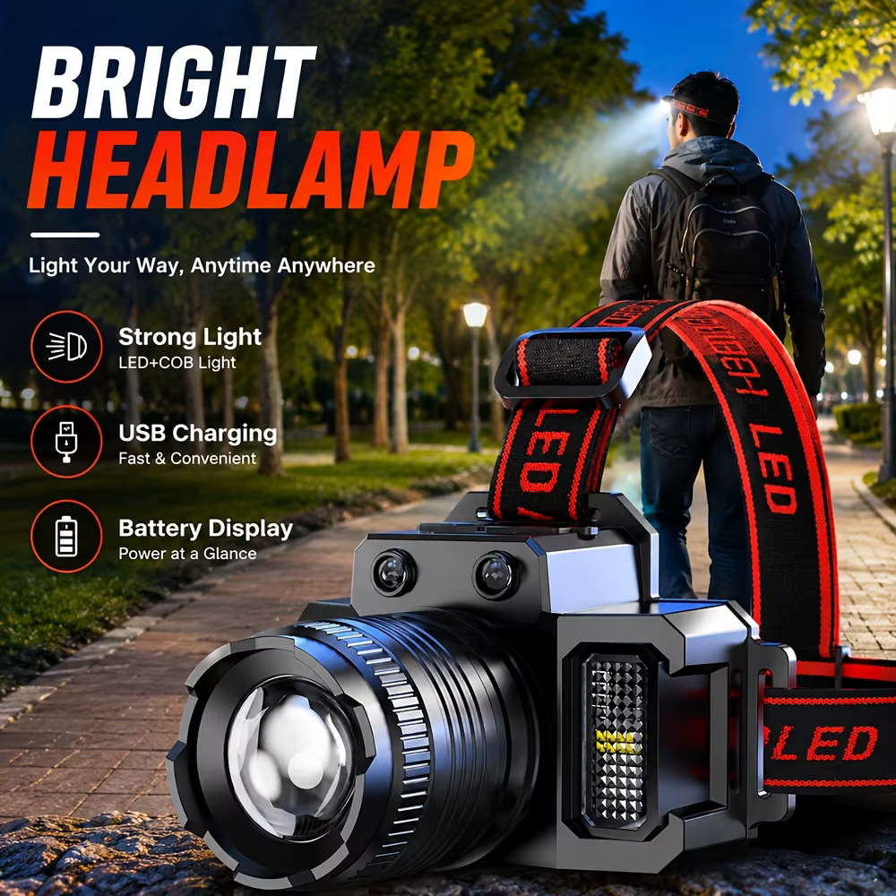 Lampe frontale LED rechargeable puissante avec zoom télescopique
