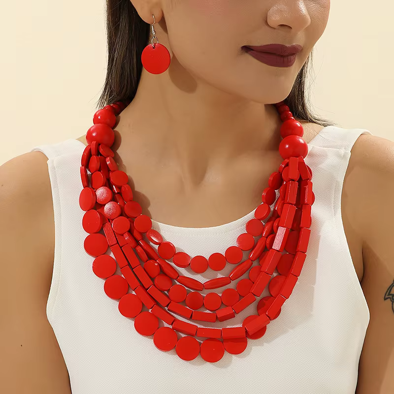 Ensemble de bijoux de style bohème africain, perles en bois géométriques, collier multi-rangs fait à la main pour femmes, accessoire de fête