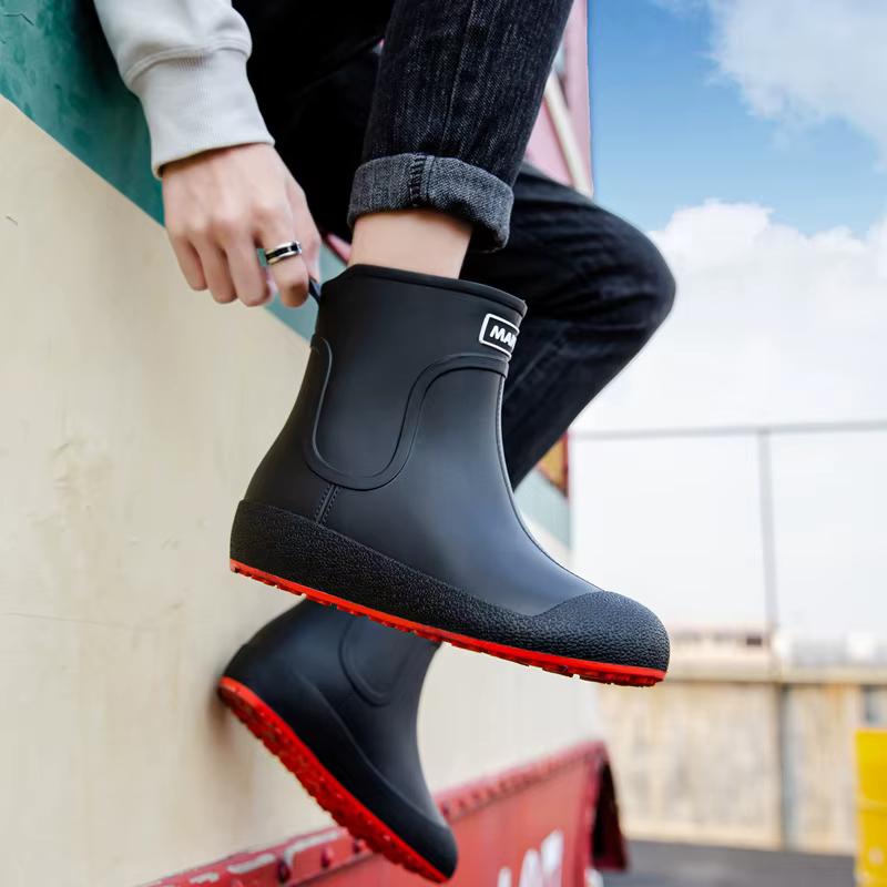 Chaussures de pluie antidérapantes allemandes pour hommes, bottes de pluie chaudes mi-mollet, chaussures imperméables en velours, chaussures de cuisine, lavage de voiture, chaussures de pêche pour fem