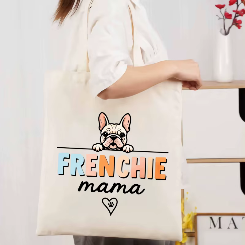 Sac fourre-tout en toile à motif de chien mère seau français de couleur crème avec motif en forme de coeur imprimé patte, adapté aux amateurs d'animaux de compagnie
