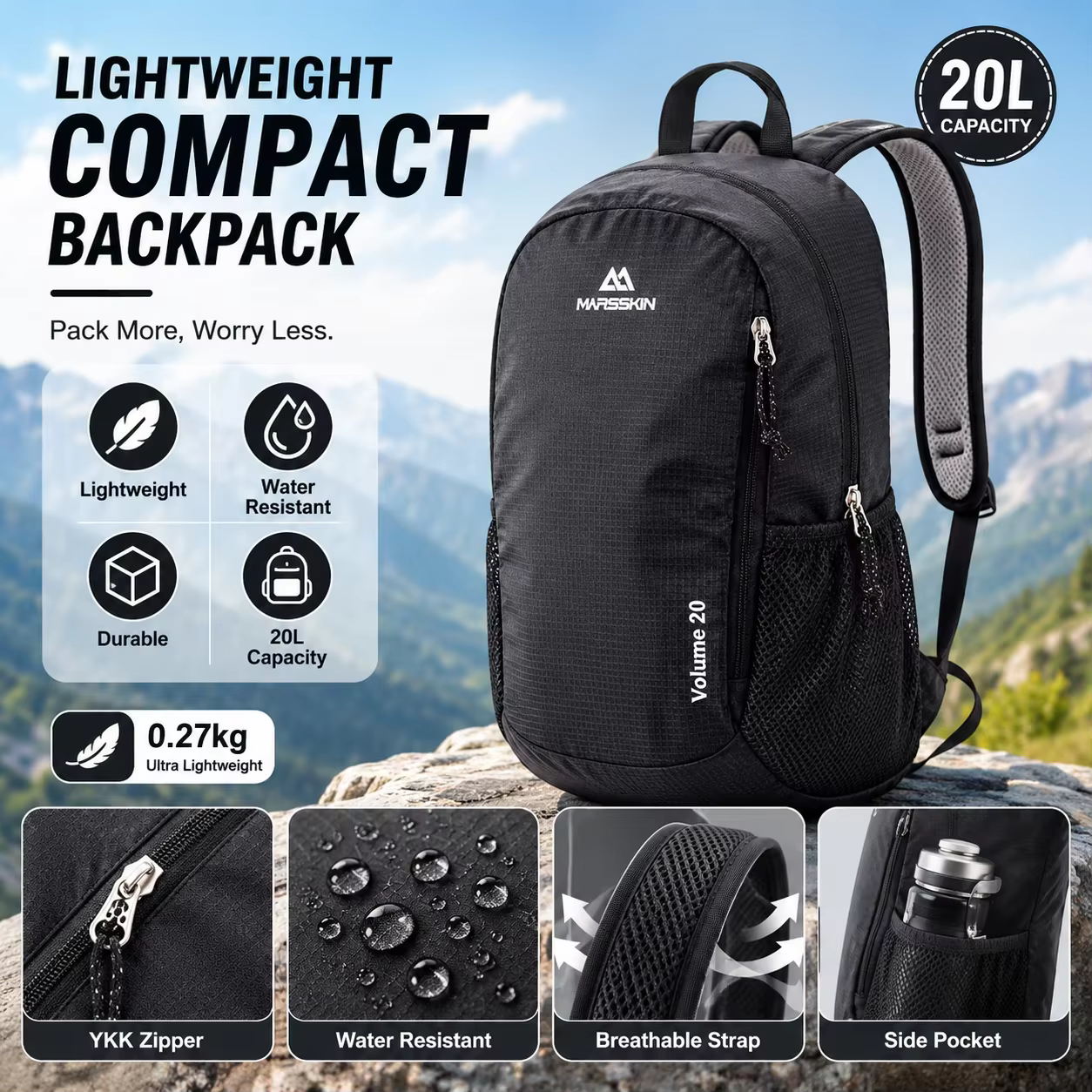 Sac à dos de sport de plein air BunnyFly 20L, unisexe, imperméable, super léger, décontracté, pour la randonnée quotidienne, le voyage, sac à dos à double épaule