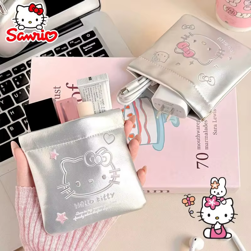 Pochette Hello Kitty en PU à fermeture automatique, sac de rangement portable et étanche pour rouge à lèvres, écouteurs, câbles de données et accessoires de voyage