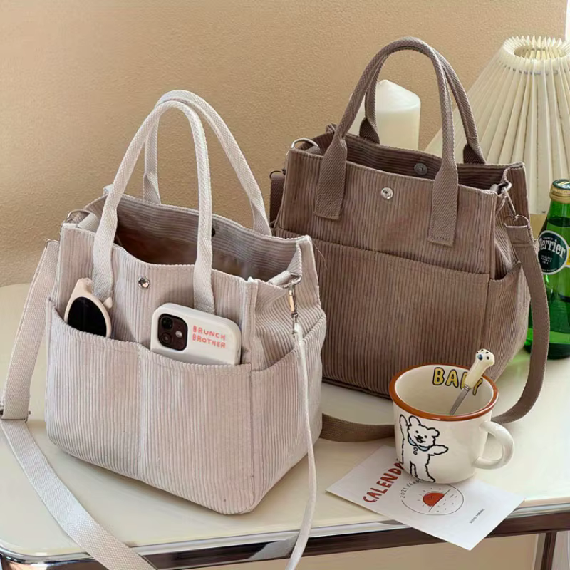 Sac fourre-tout en velours côtelé lavable à la main avec plusieurs poches, sac à bandoulière ou à bandoulière quotidien, cartable de couleur unie pour un usage quotidien