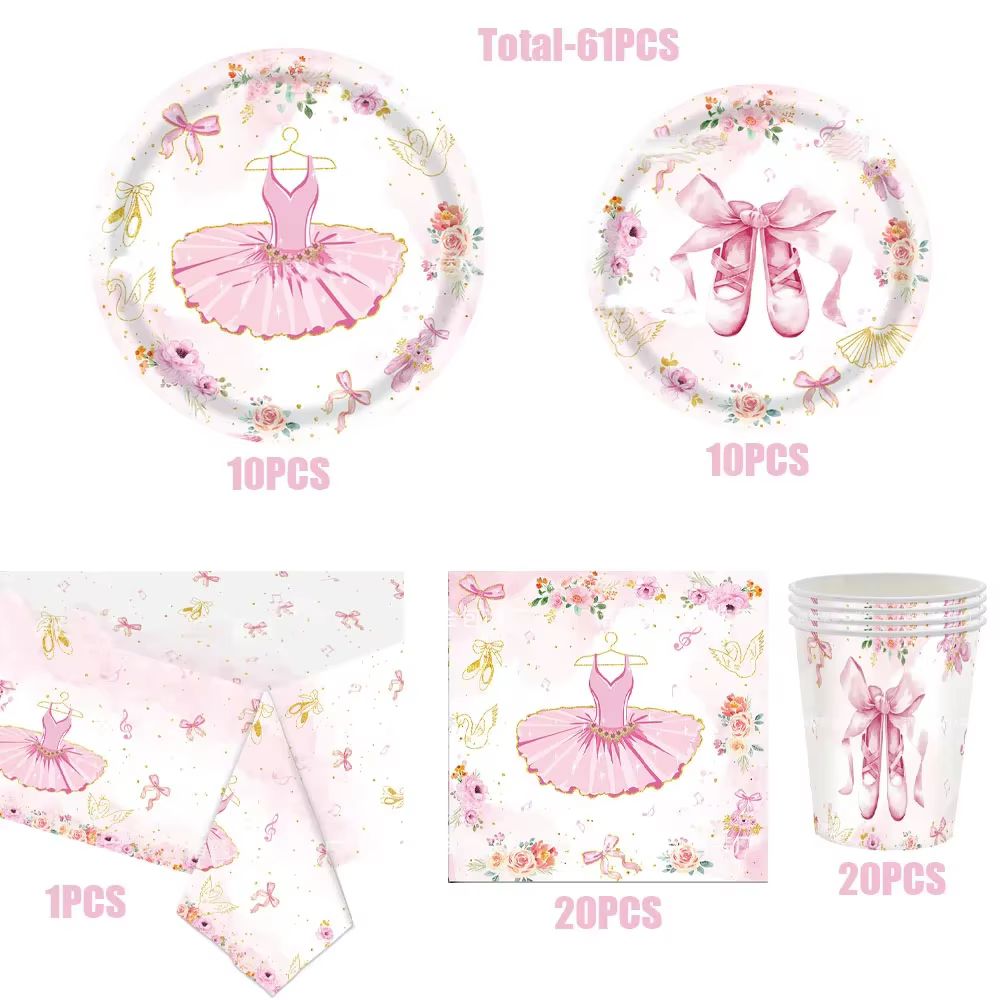 Anniversaire Décoration Danse Fille Ballerine Thème Vaisselle Jetable Rose Assiettes Tasses Serviettes Nappe Ballet