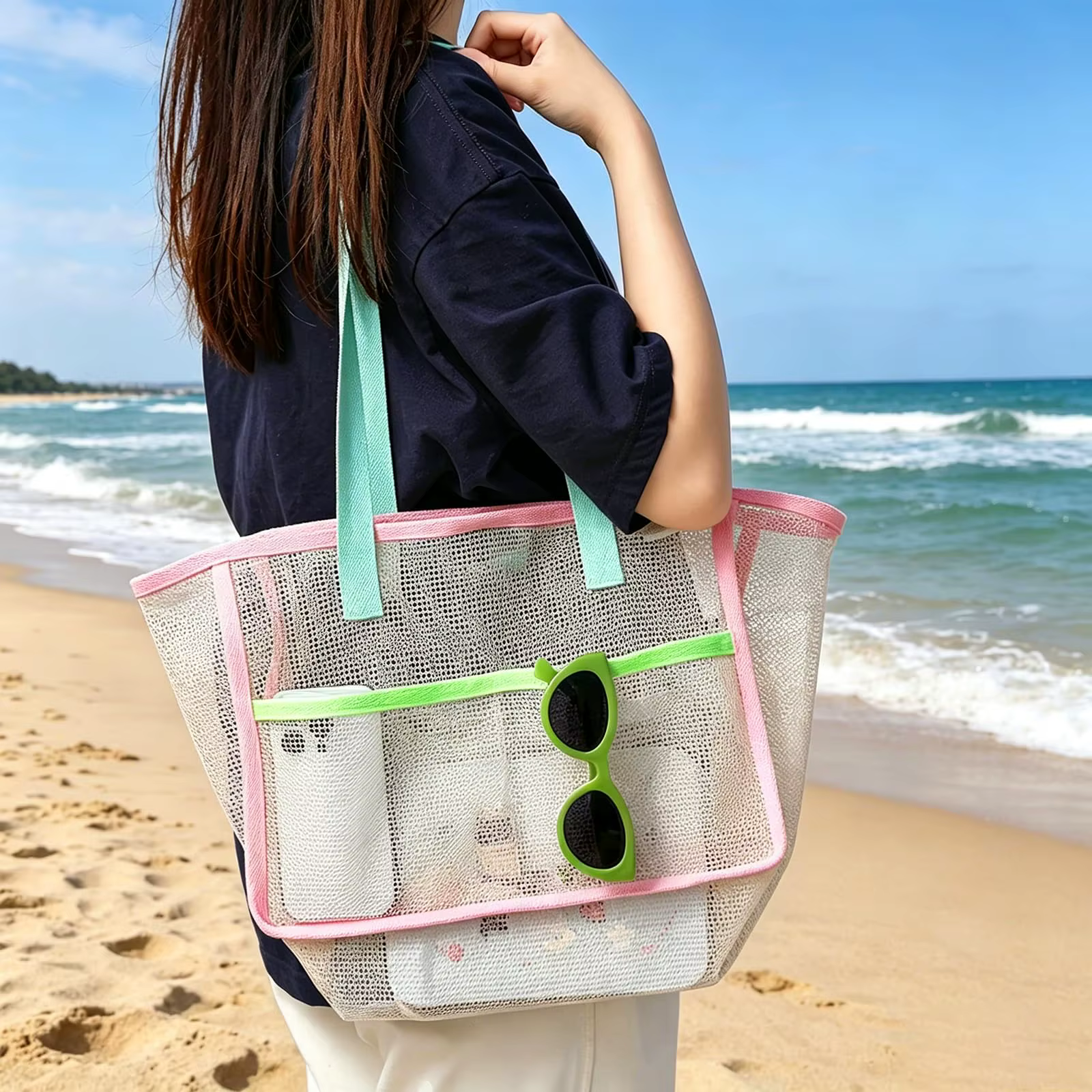Sacs de plage pour femmes, sacs de plage pliables colorés en filet, sac de voyage pour la piscine, poche de rangement pour accessoires de plage