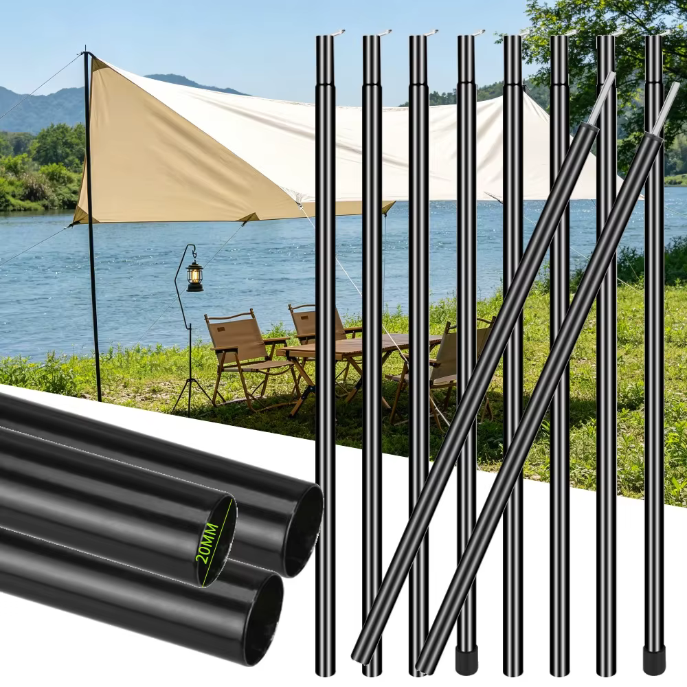Ensemble de 2 poteaux de tente, poteaux de bâche réglables, tiges en acier pour abri solaire, auvent de Camping, remplacement avec chevilles et cordes