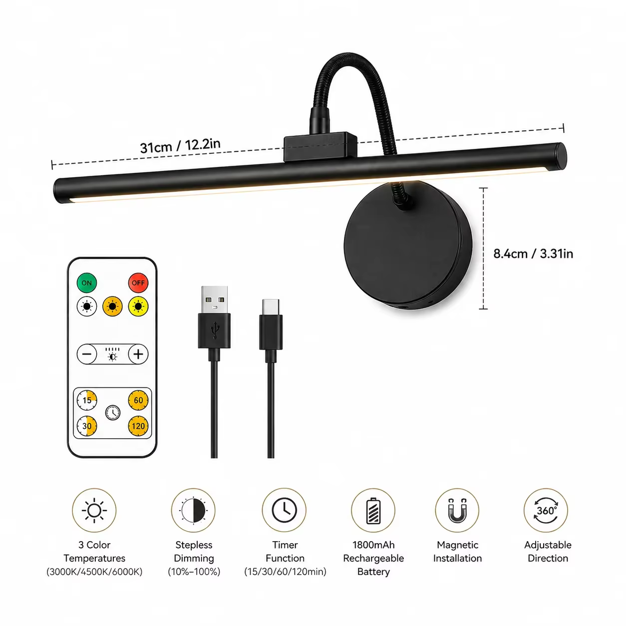 Lampe à LED sans fil pour tableau avec télécommande, 360° ° Lampe murale magnétique réglable, rechargeable par USB, éclairage à 3 couleurs réglables