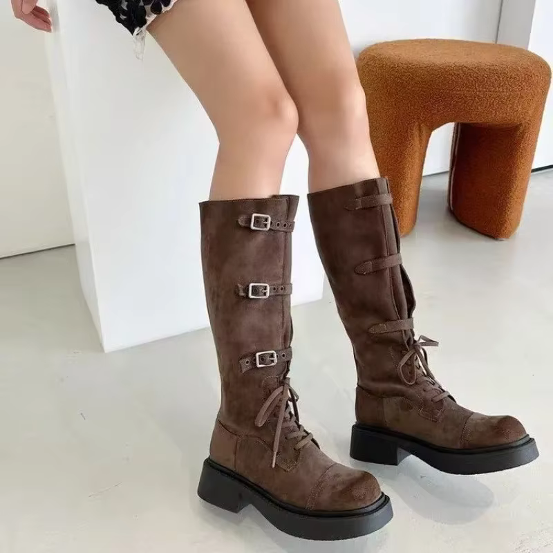 Bottes à talons blocs en daim à la mode, bottes de chevalier à plateforme et boucle de ceinture à bout rond, nouvelle collection automne 2025