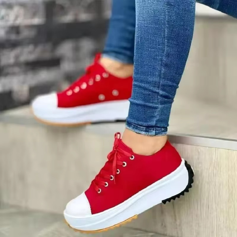Baskets Classiques en Toile Blanche pour Femme, Chaussures Solides à Lacets, Décontractées, à Plateforme