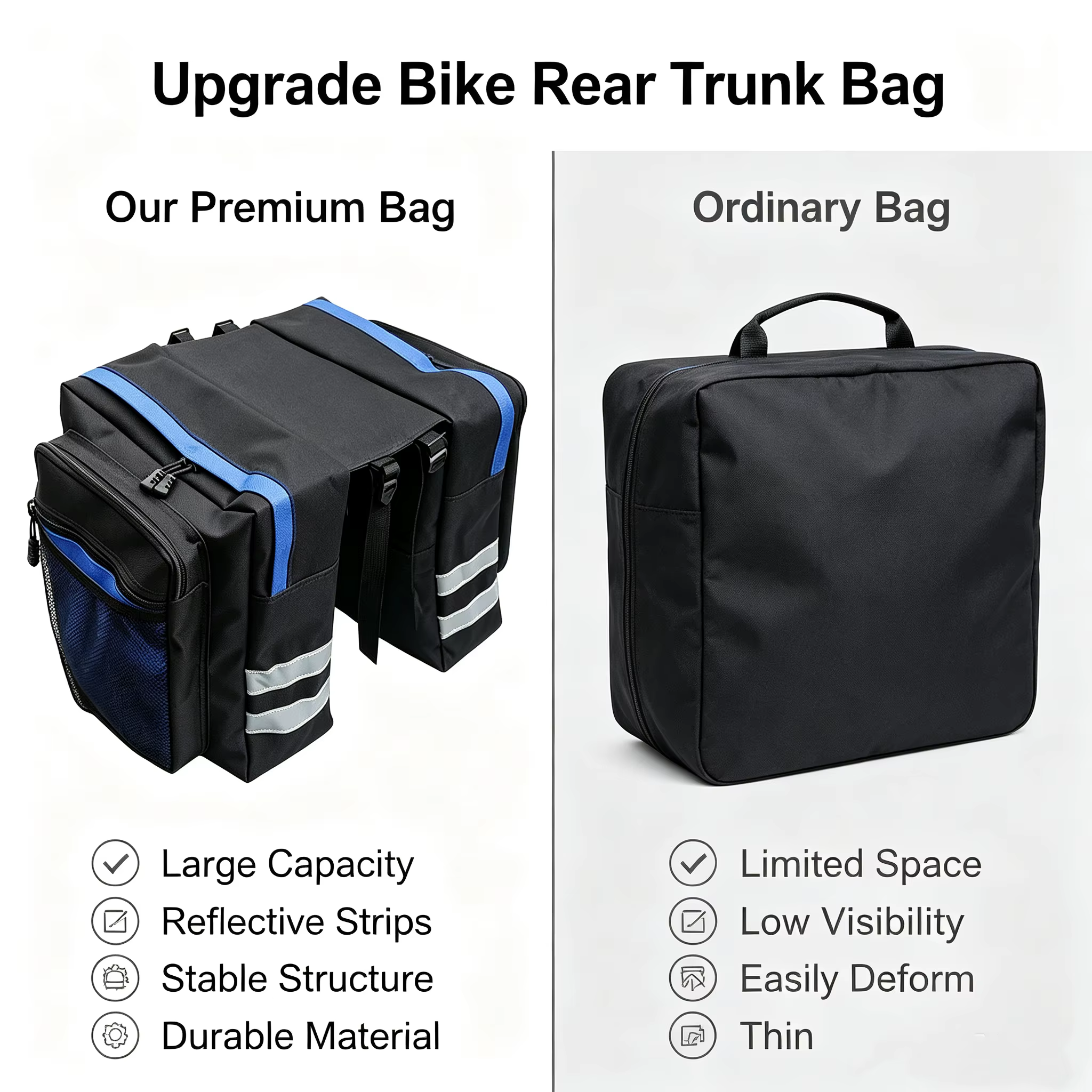 Sac de vélo imperméable, sac de transport avec siège arrière haut et spacieux, design double face + bandes réfléchissantes