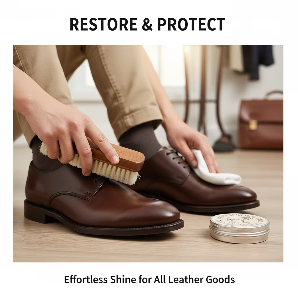 Kit de conditionneur et de cire pour cuir d'huile de mouton, avec brosse en laine douce, crème d'entretien du lanoline pour chaussures, bottes, meubles, sacs et canapé