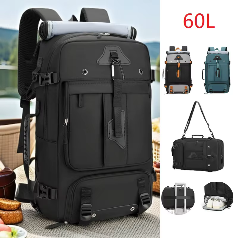 Sac à dos grande capacité 60L pour homme, extensible, pour voyage en extérieur, avec compartiment à chaussures, modèle 2026
