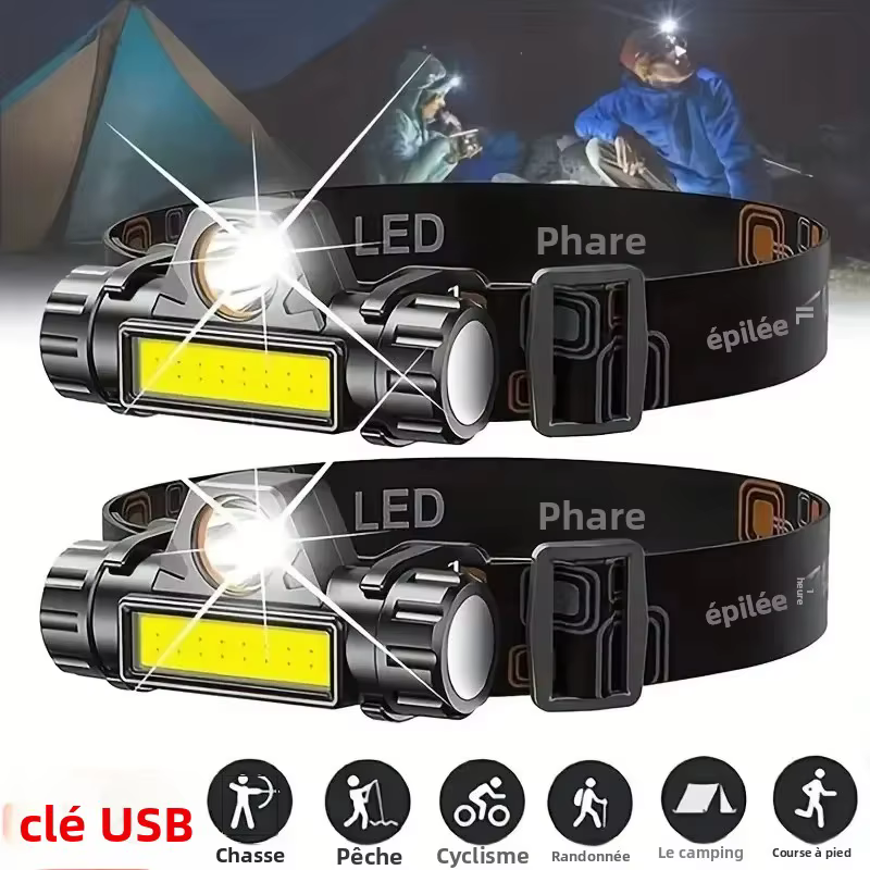 Lampe frontale LED COB Rechargeable USB