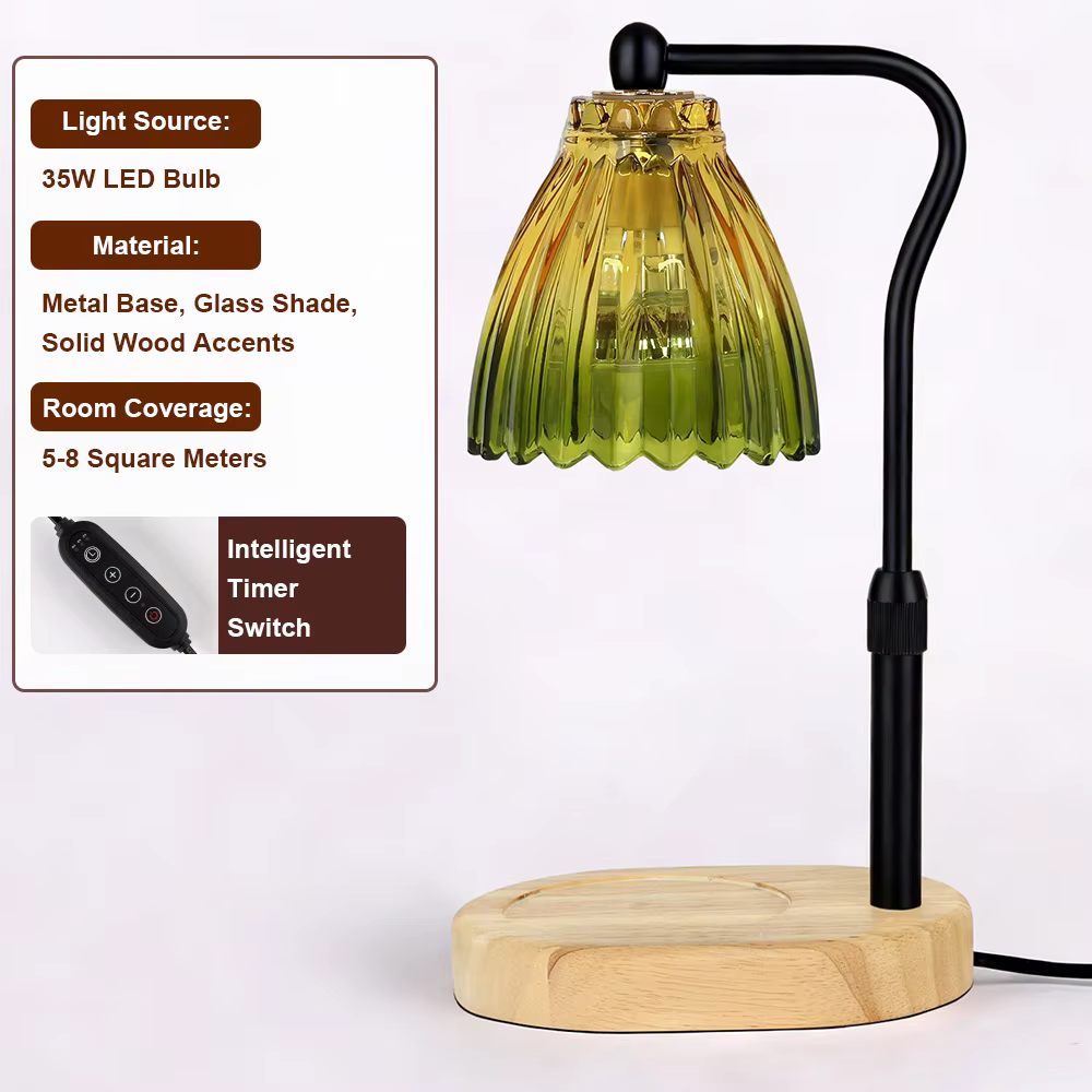 Lampe chauffe-bougie avec minuterie et variateur d'intensité, base en bois rétro, abat-jour en verre, lumière chauffante pour bougie, ambiance chaleureuse, décoration pour la maison et les fêtes