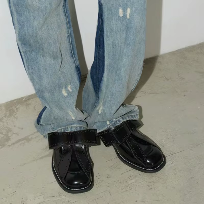 Chaussures à talons épais et bouts carrés pour hommes et femmes, style britannique 2026, à nœud, à enfiler