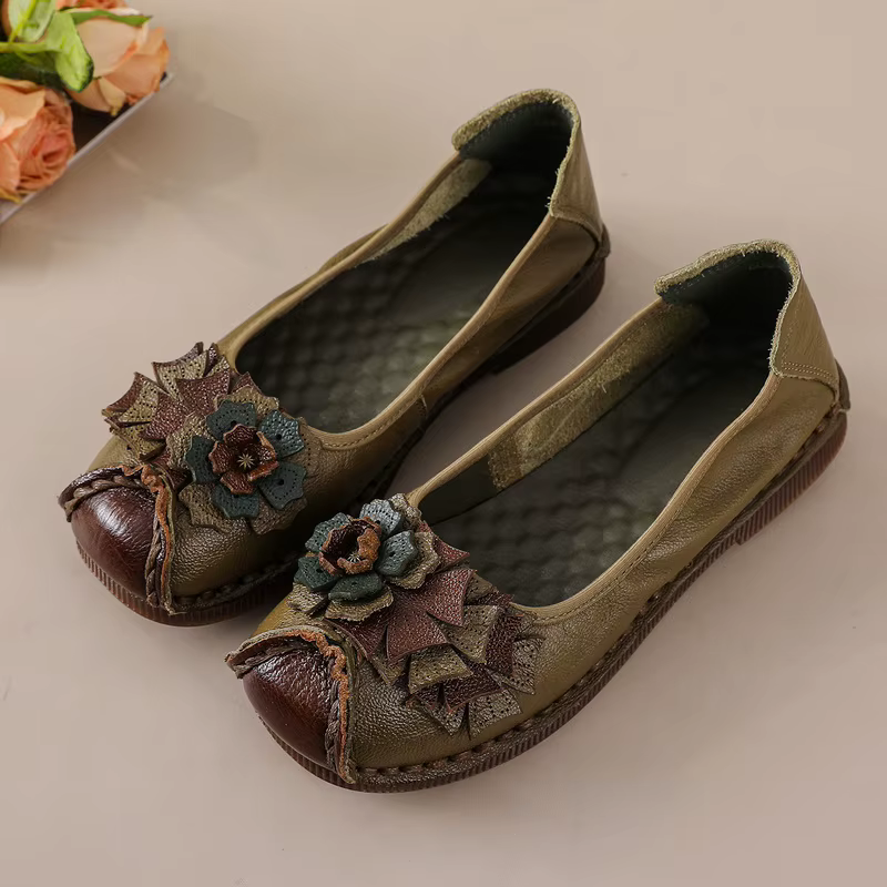 Mocassins Ballerines Vintage Ornés à Motifs Floraux pour Femme, Faits Main en Cuir Véritable, Chaussures de Conduite Exquises à Enfiler, Ballerines Artisanales pour Femme