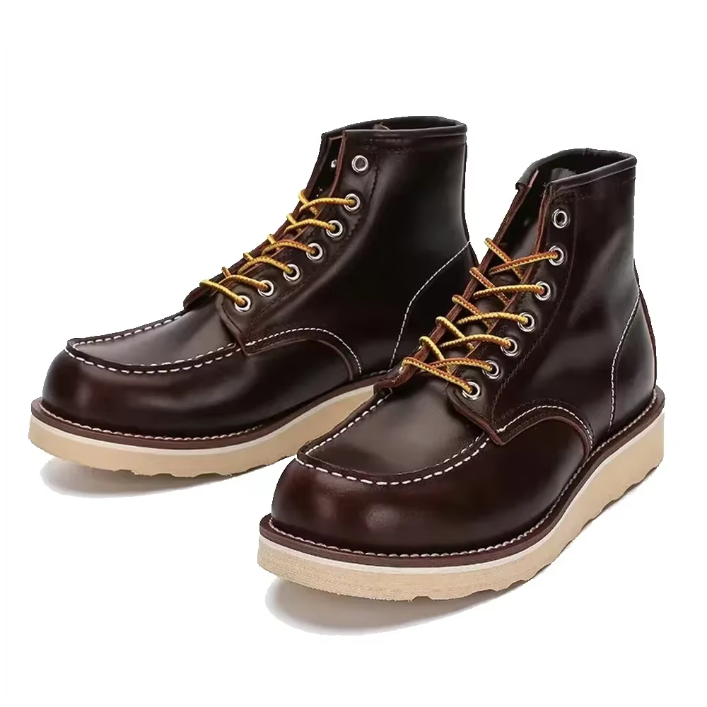 Bottes de moto en cuir véritable cousues Goodyear pour hommes, bottes provoqué punk décontractées, chaussures de travail mi-mollet, bout rond, rouge occidental, vintage