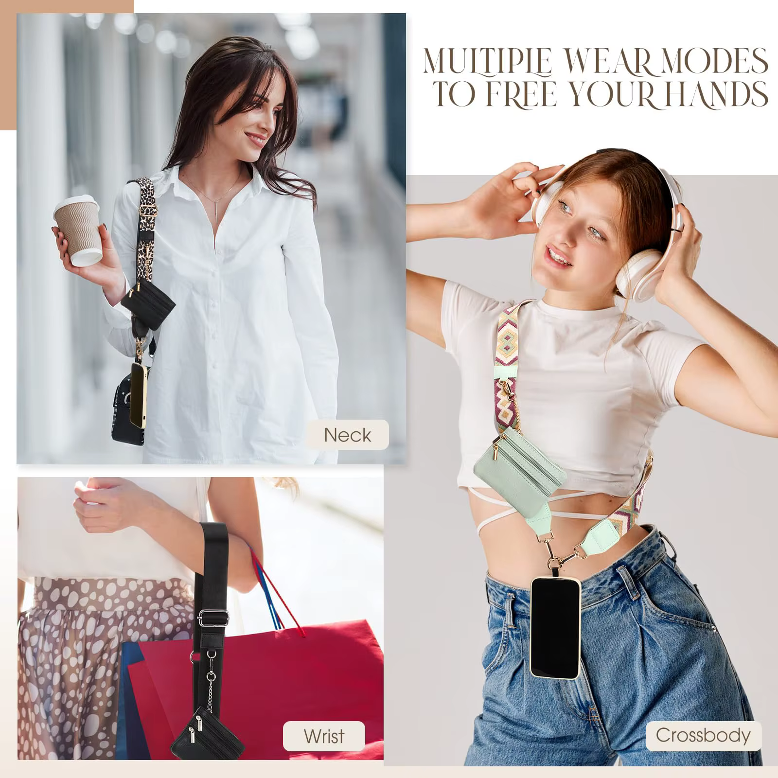 Lanière de téléphone avec poche zippée et sac de rangement