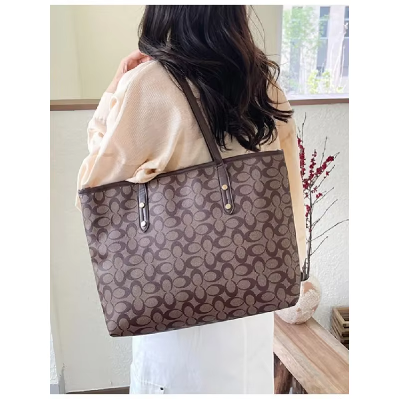Sac fourre-tout classique à imprimé monogramme, sac à bandoulière en toile avec garniture en PU de grande capacité, sac à main polyvalent pour le travail quotidien et le shopping pour femmes