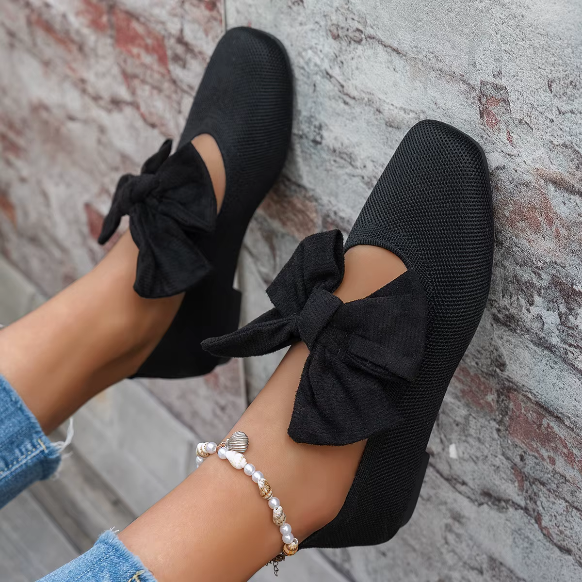 Chaussures plates en dentelle et maille pour femme 2026 – Nouveauté tendance à bout carré avec nœud