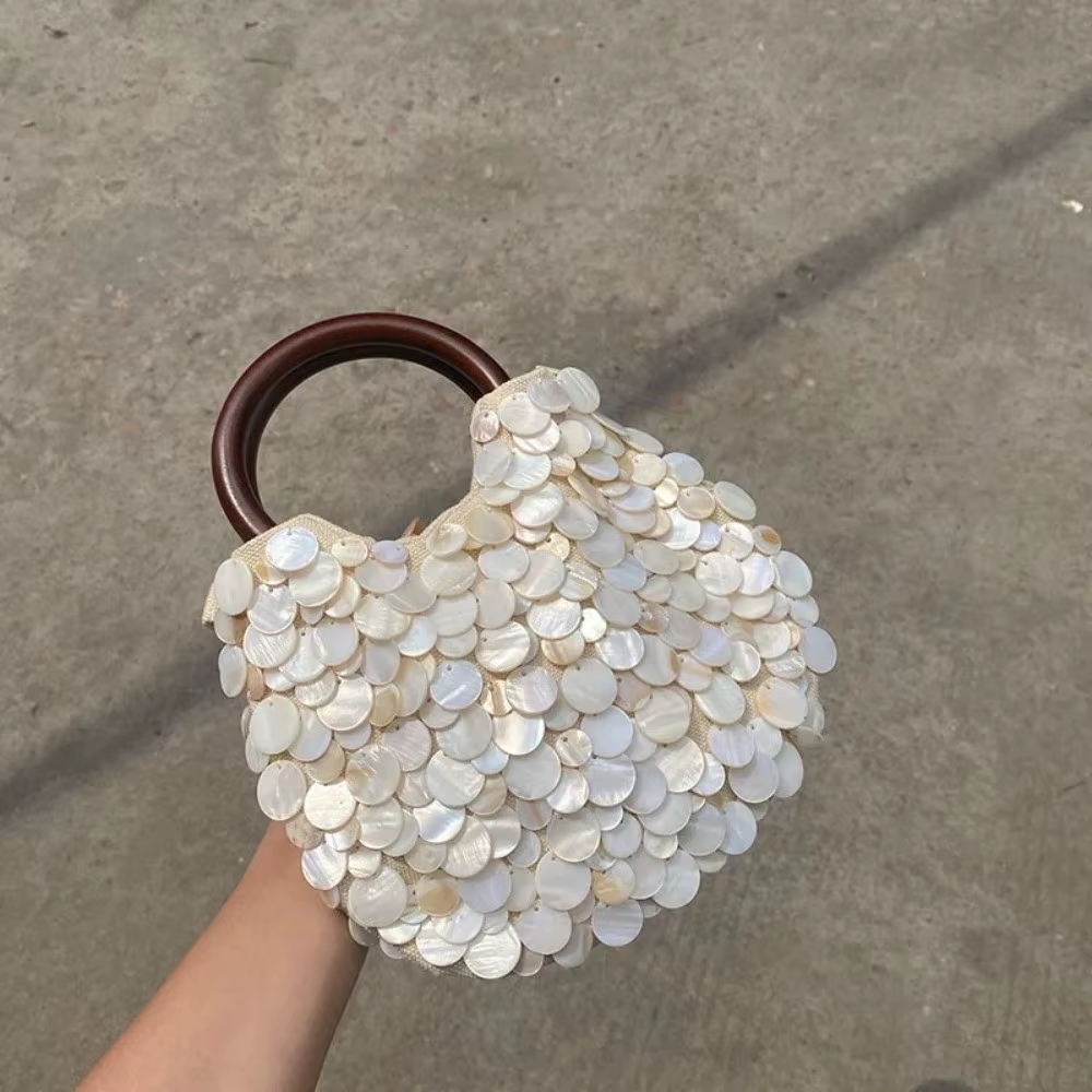 Sac à perles fait main style féerique Ornements en coquillages Taille compacte Sac à bandoulière tissé 