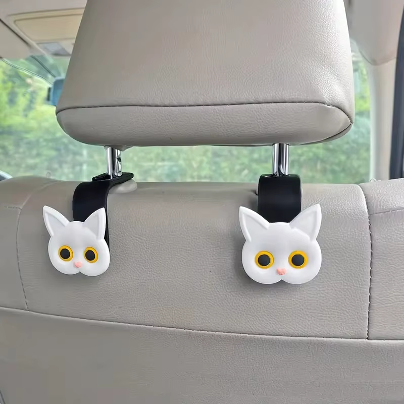2 pièces adorables crochets d'appui-tête de siège de voiture de chat de dessin animé 3D-organisateur de stockage de véhicule universel pour sacs à main, sacs à main, manteaux-mignon Ca
