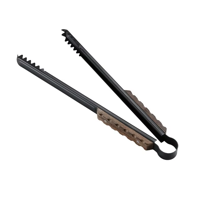 CAMPINGMOON BKMS-41 Pince à charbon multifonctionnelle en acier inoxydable avec poignée en bois massif anti-brûlure pour barbecue