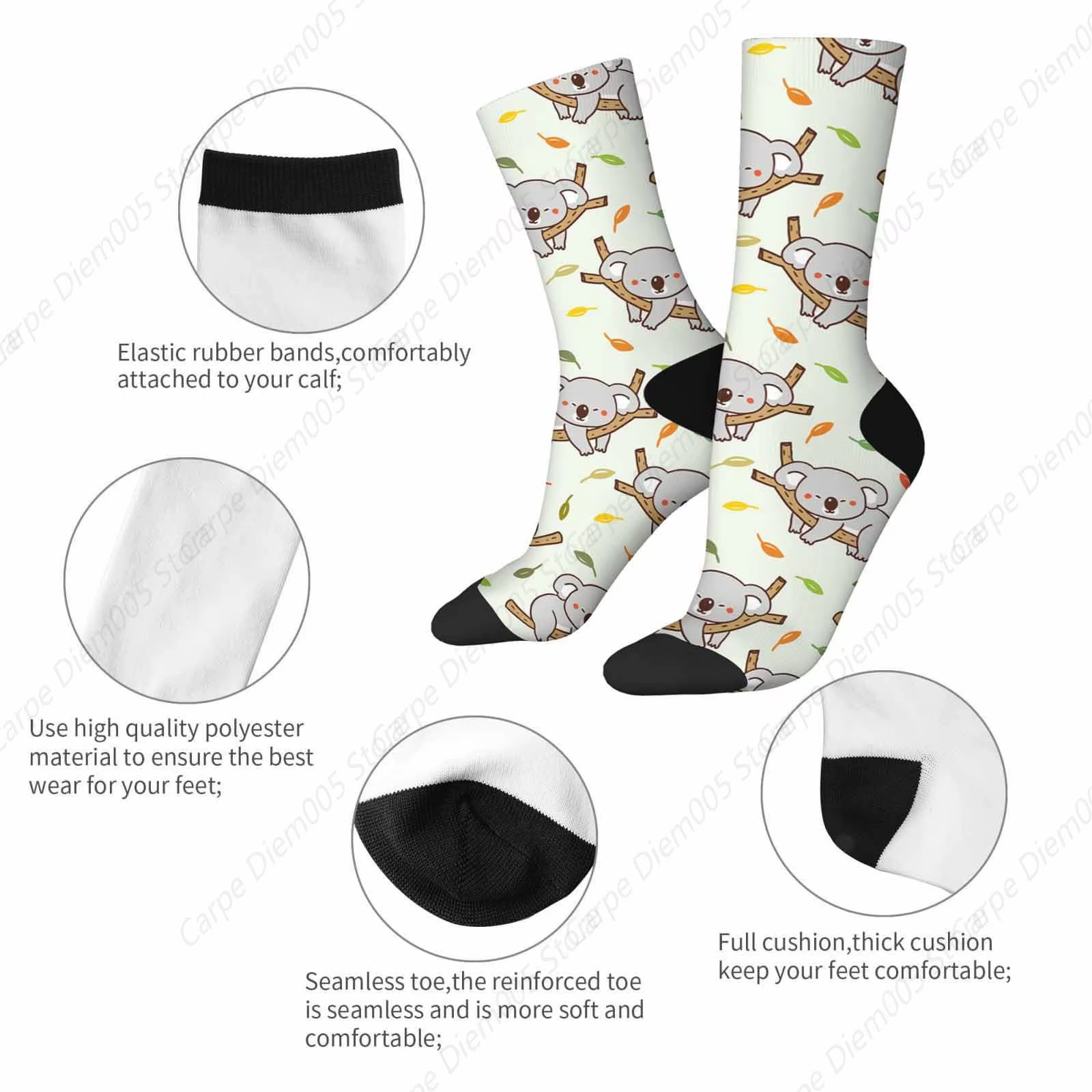 Animal Koala drôle nouveauté fou équipage chaussettes branche feuille faune mignon Nature hommes