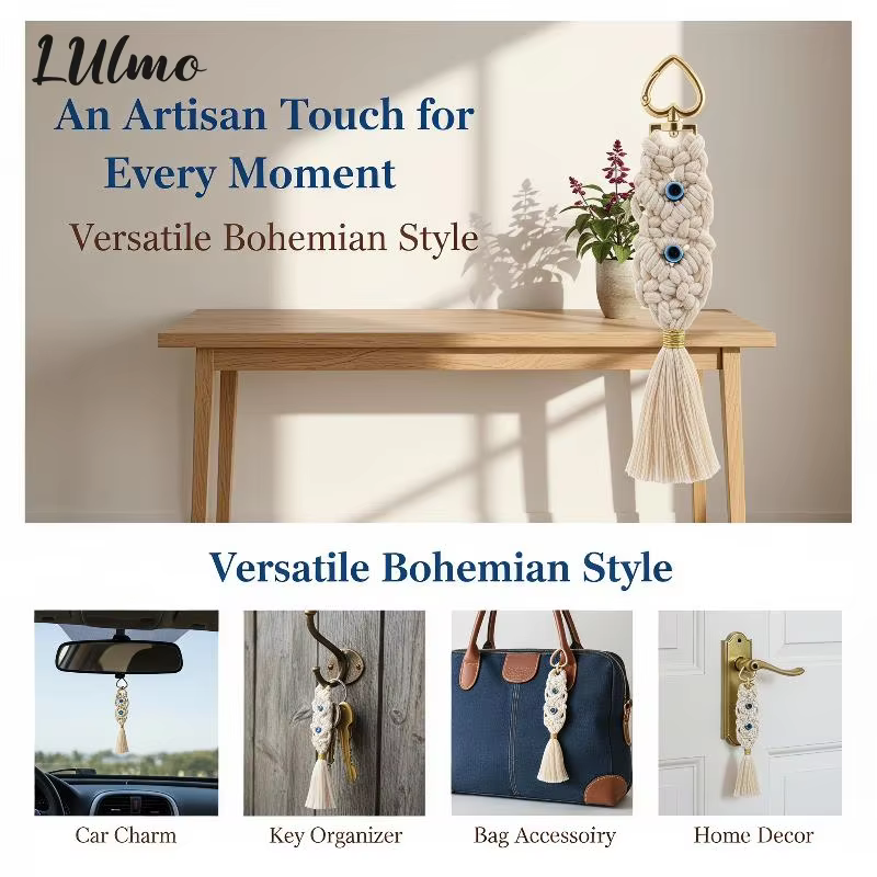Porte-clés Macramé œil, tressé à la main, style bohème, avec pompon, breloque de sac, style ethnique vintage, pour clés de voiture, sac à main et accessoires