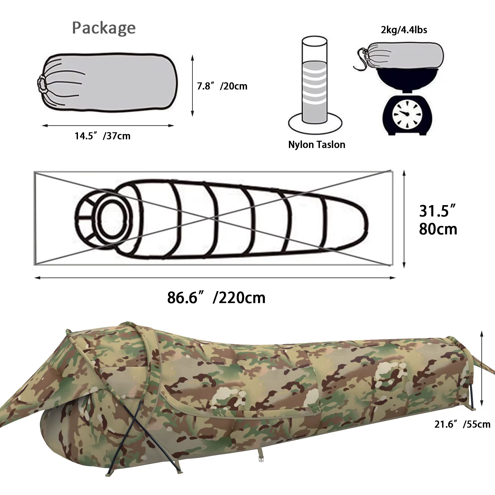 Tente de bivouac militaire MT Military Hideaway Bivy Cover Stealth Compact à poteau unique avec anse pour sac de couchage modulaire avec moustiquaire intégrée