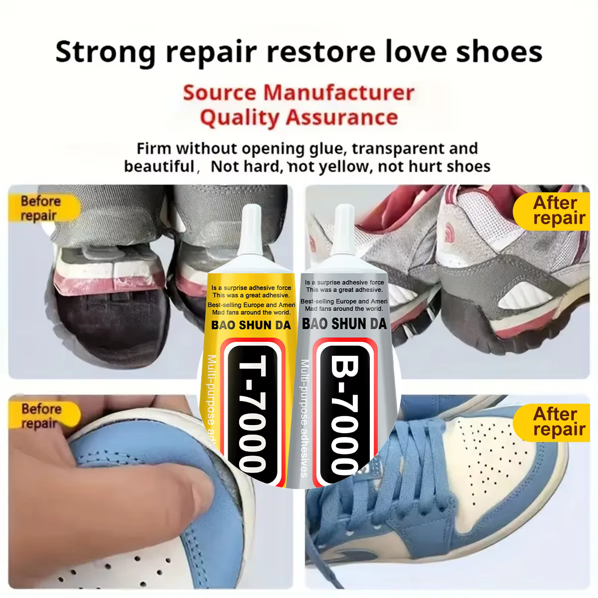 Adhésif transparent B7000, adhésif noir T7000, colle spéciale pour la réparation des chaussures Convient aux chaussures en cuir, baskets, chaussures en mesh, talons hauts, chaussures en toile et matér