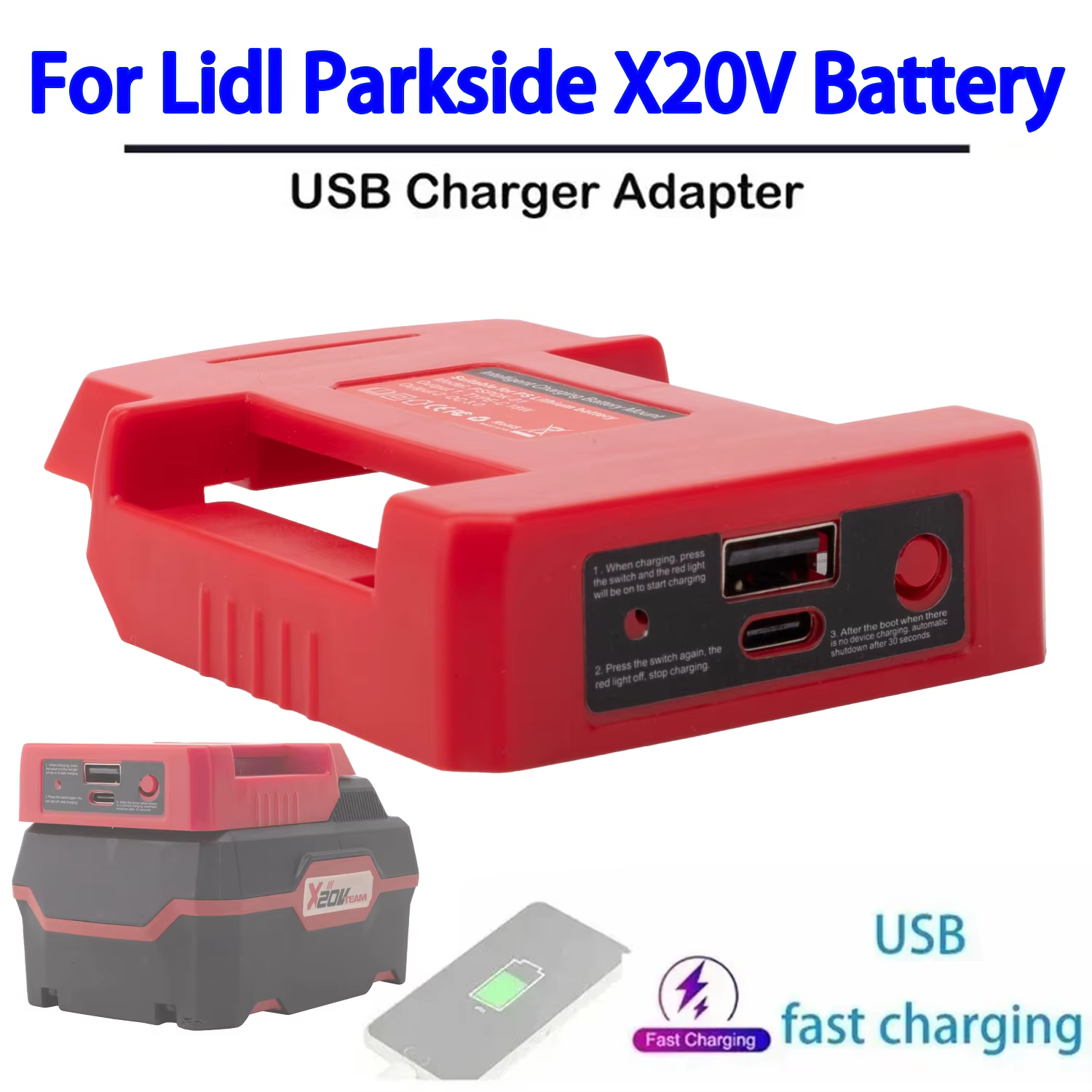 Batterie externe pour batterie Li-ion Lidl Parkside X20V avec port USB/Type-C, charge rapide, accessoire pour outil électrique
