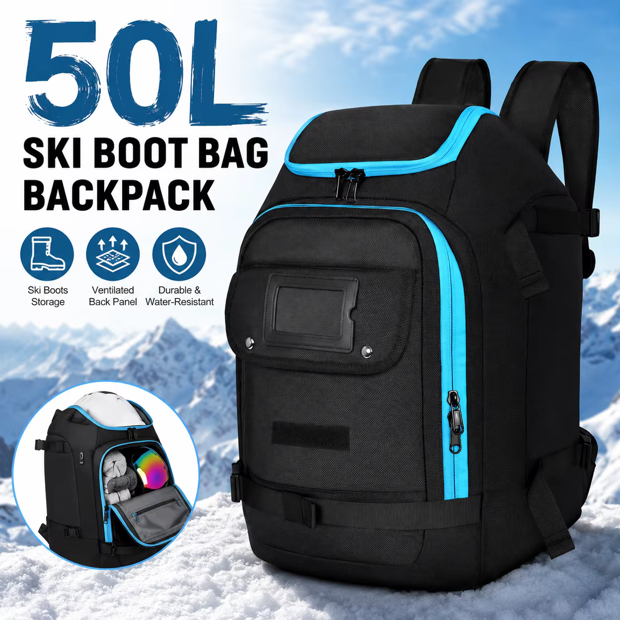 Sac à dos de voyage pour bottes de ski 50L grande capacité imperméable pour bottes de snowboard, casque, lunettes, support pour skis, séparation sec/humide