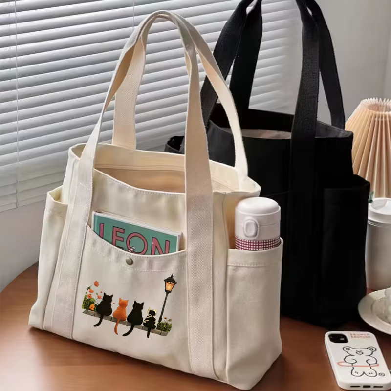 Filles femmes graphique sac fourre-tout grande capacité dessin animé épaule mignon chat Shopper sacs à main épaule mode toile décontracté Shopping