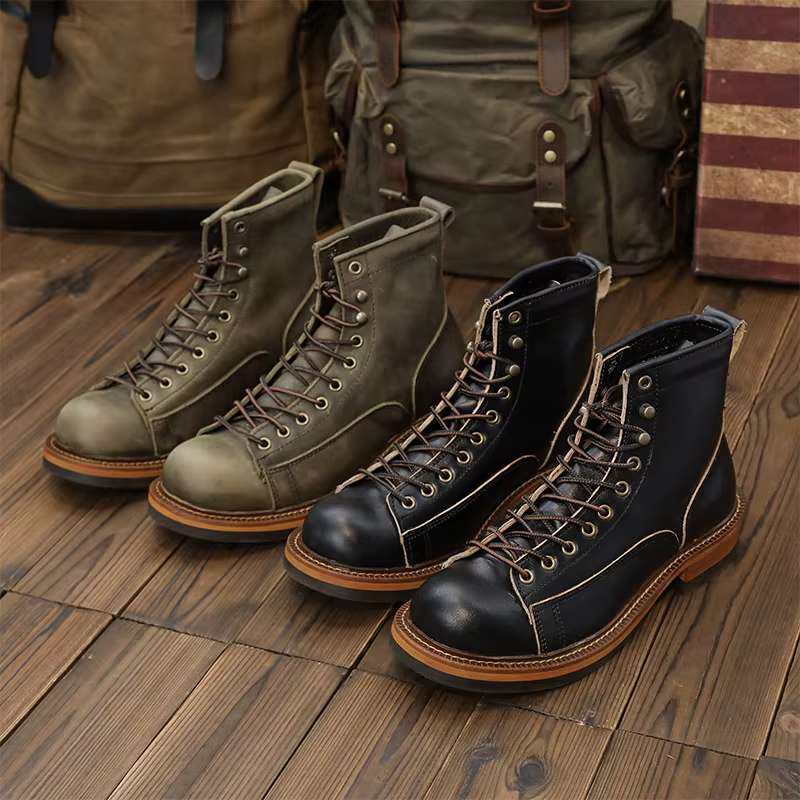KOWM chaussures de randonnée bottes de marche pour hommes britanniques à semelles épaisses en peau de vache