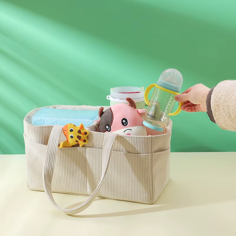 Nouvel Organisateur de Couches en Velours Côtelé Pliable Multi-Poches avec Poignée, Panier de Rangement pour Couches et Langes Nouveau-né