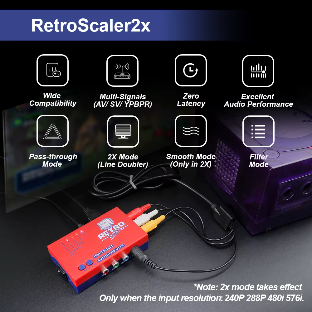 RetroScaler2x AV vers HDMI ® Convertisseur et ligne-doubulleur pour consoles de jeux rétro PS2 N64 NES Dreamcast Saturn MD1 MD2
