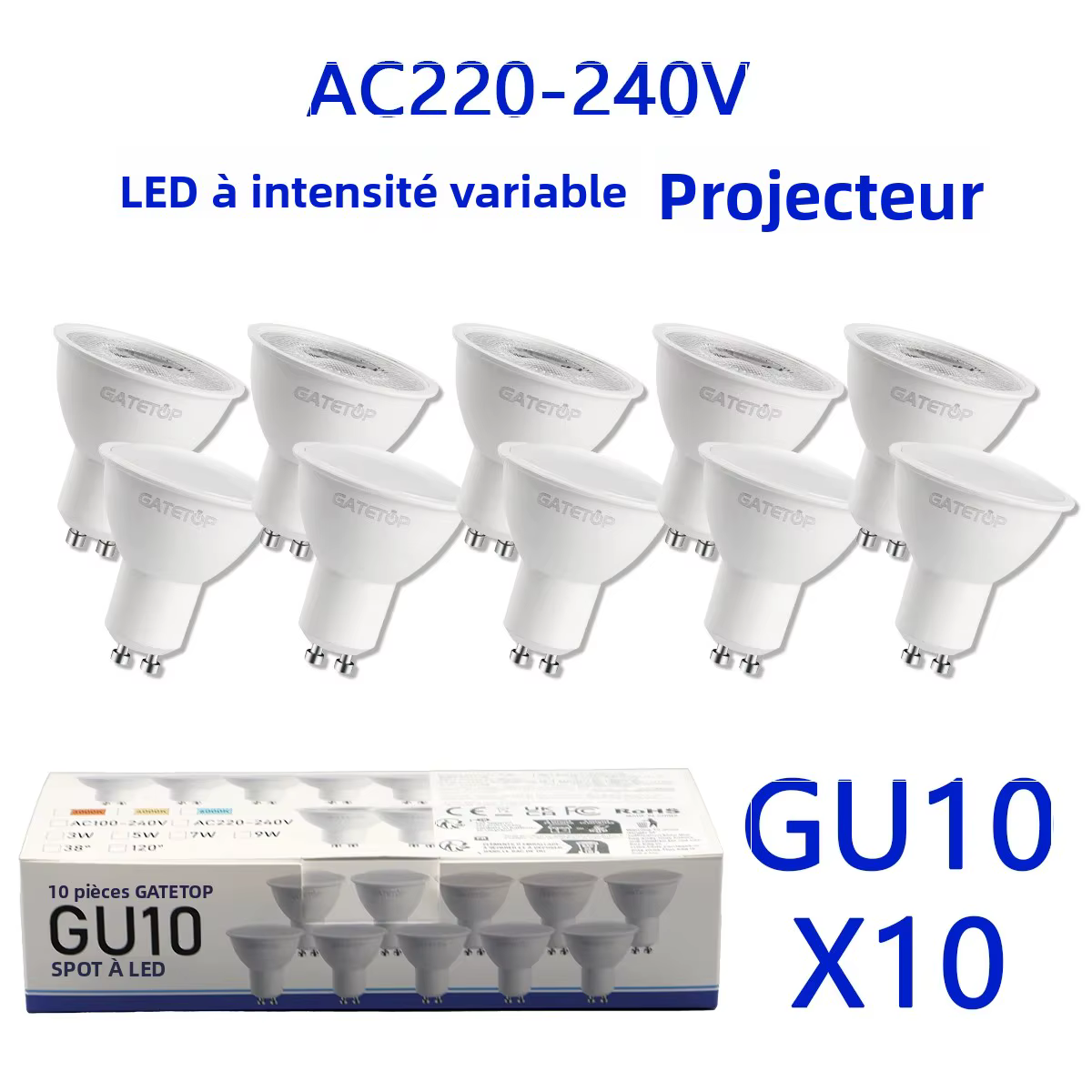 Ampoule LED GU10 à intensité variable, 10 paquets, AC220V 3W-9W 3000K 6000K, lampe blanche chaude et blanche froide pour éclairage domestique, hôtelier et commercial