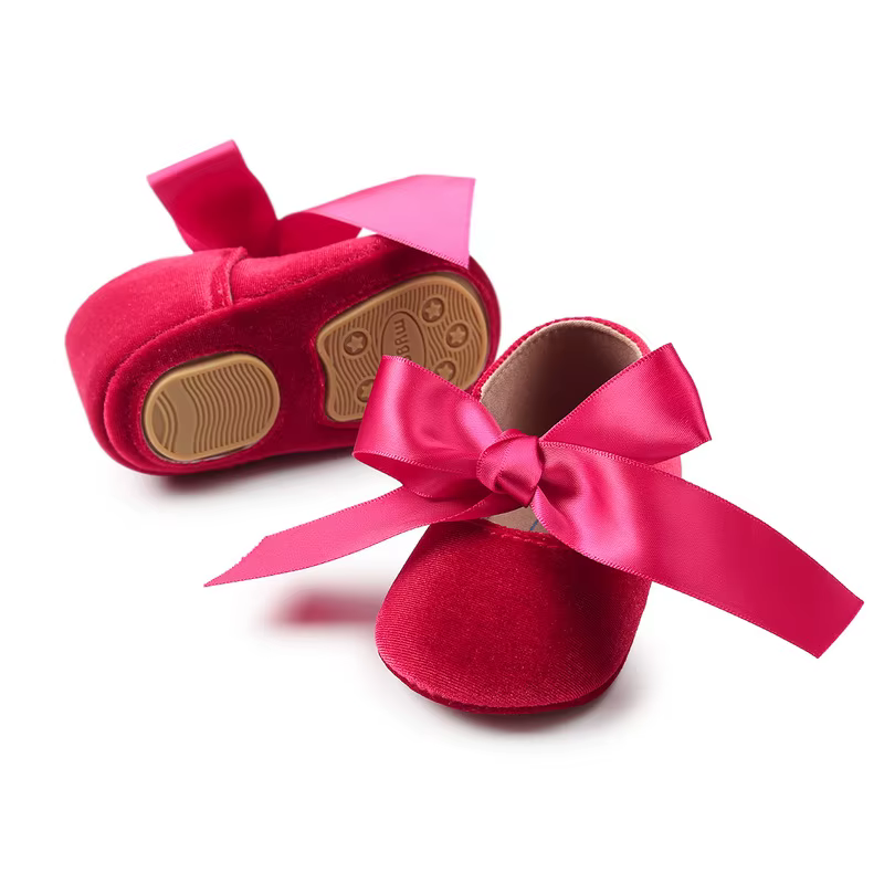 Chaussures pour nouveau-né fille, mocassins avec ruban et nœud papillon, semelle antidérapante en caoutchouc