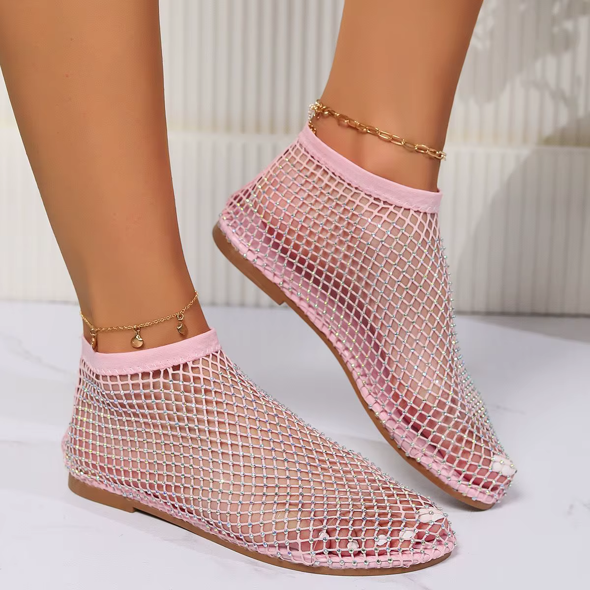 Sandales Astronomiques Plates et Rondes pour Femme, Bottes Courtes Ajourées, Diamant d'Eau, Sexy, Marque de Luxe, Nouvelle Collection Été 2024